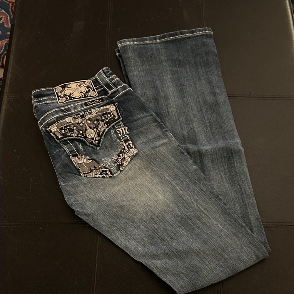 Miss Me Dark Blue Boot Cut Jeans with Embellished Pockets